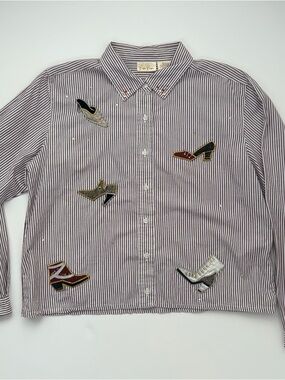 Vintage Beaded Shoe Button Down Shirt | Novelty Embroidered Blouse